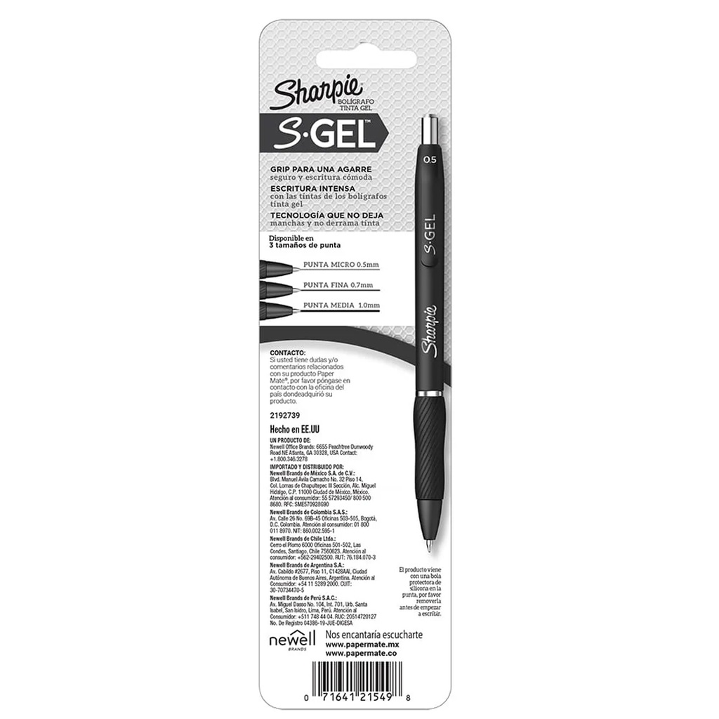 Bolígrafos Punta Fina de Gel Sharpie SGel Bx2 Con Grip de Goma  