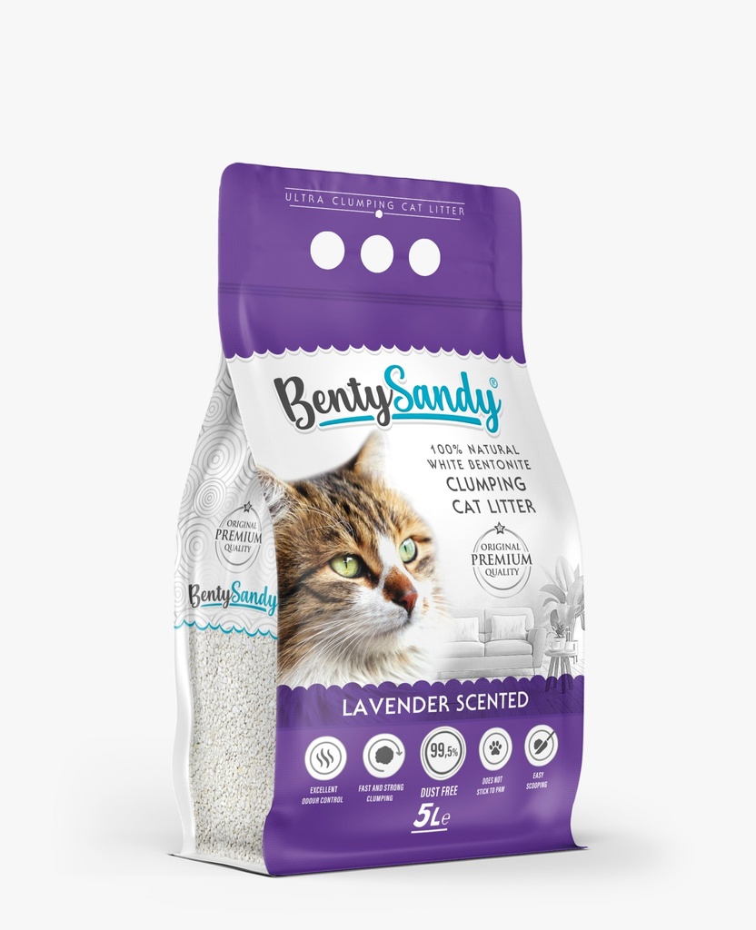 Arena para gatos Bentysandy Lavanda Ultra absorbente y Ultra aglomerante 100% bentonita con aroma 5L/4,35Kg 8Unds