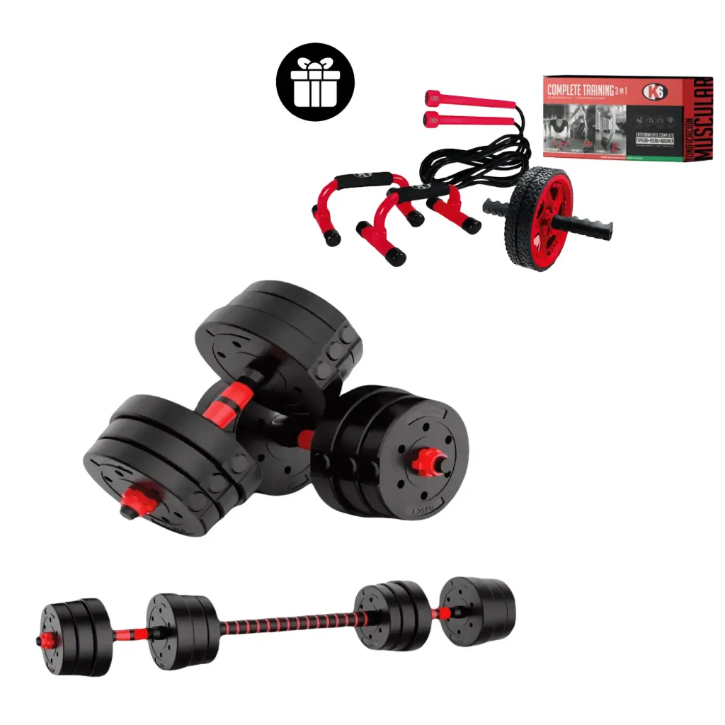 [67170-K] Kit Set Mancuernas + Lazo Para Saltar + Base Flexiones + Rueda Abs